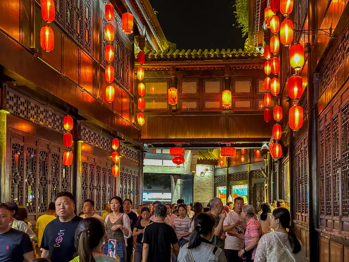 Lantern-lit shops along Jinli Ancient Street at night