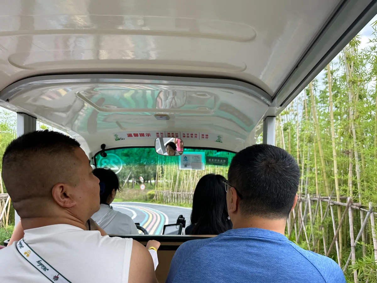 Riding the sightseeing cart inside the Chengdu Panda Base