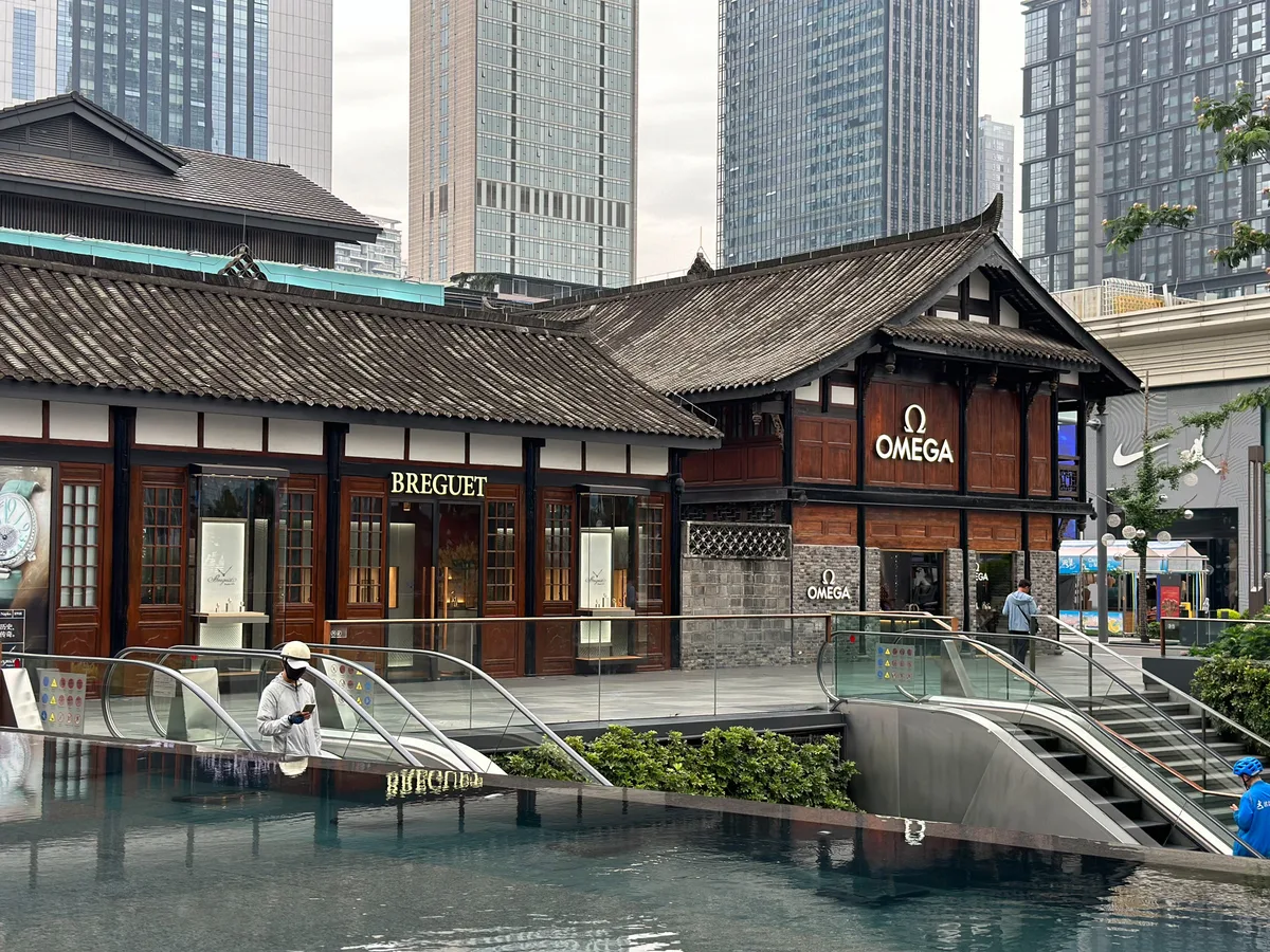 Traditional Qing-style architecture housing luxury stores at Taikoo Li, Chengdu