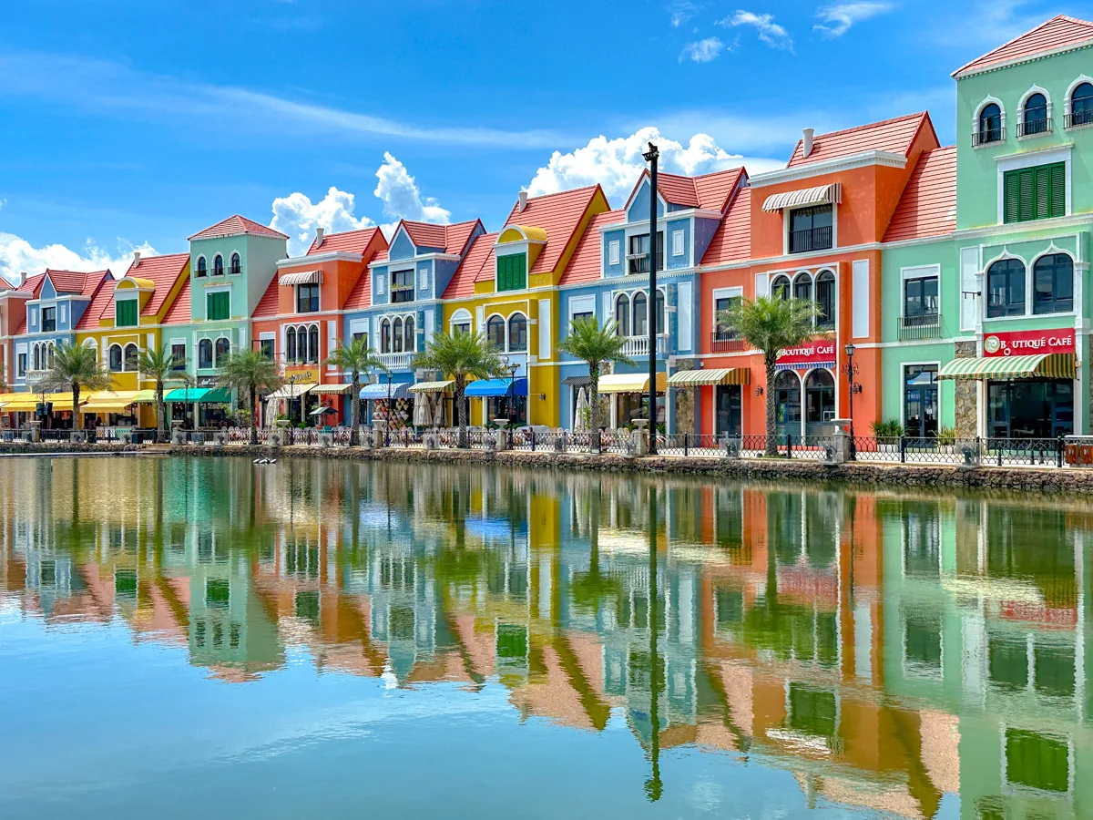 Colorful waterfront townhouses at Grand World, the landmark theme-park complex in north Phu Quoc