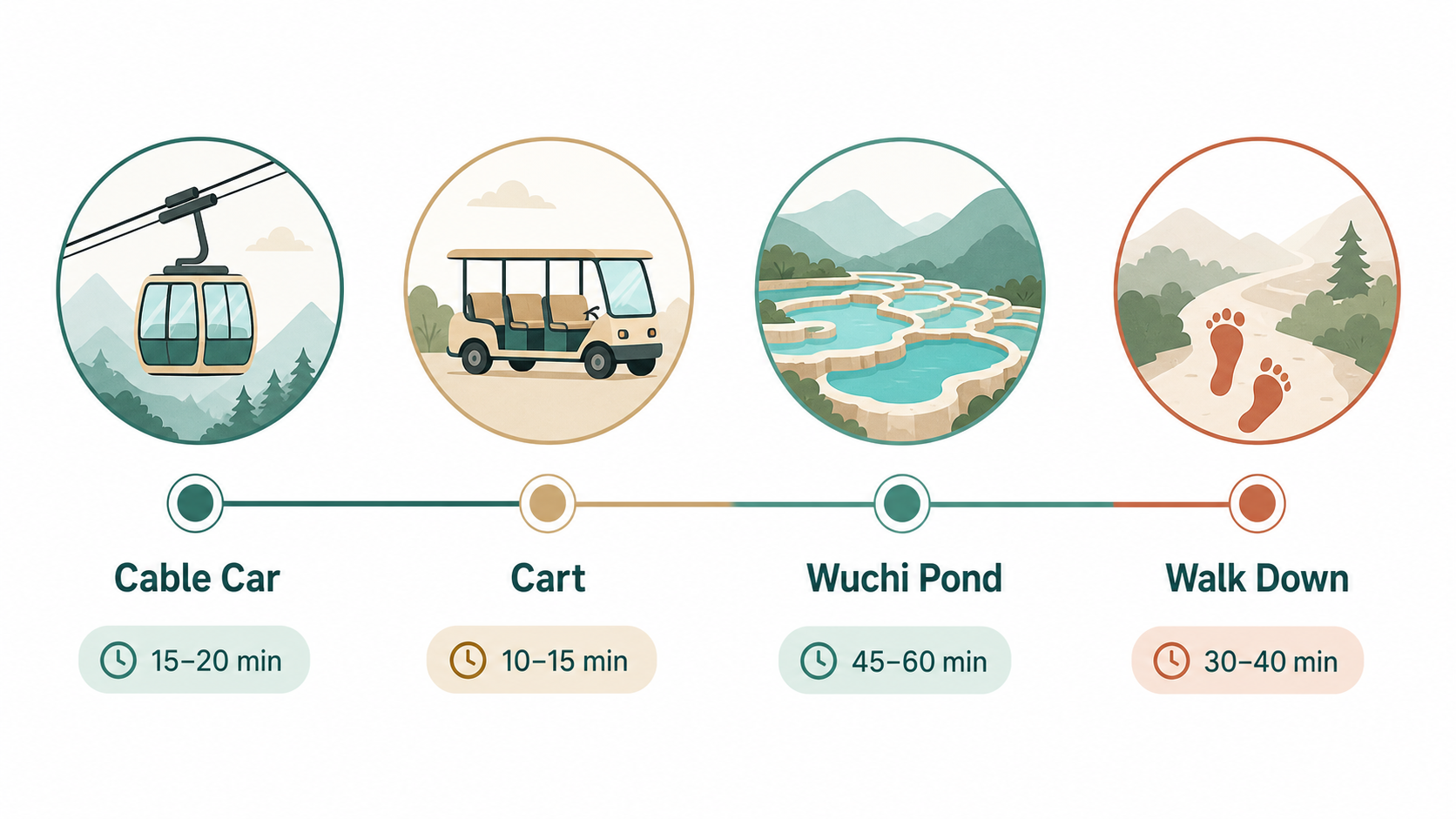 Huanglong sightseeing route timeline from cable car to sightseeing cart to Wuchi Pond and the walking descent