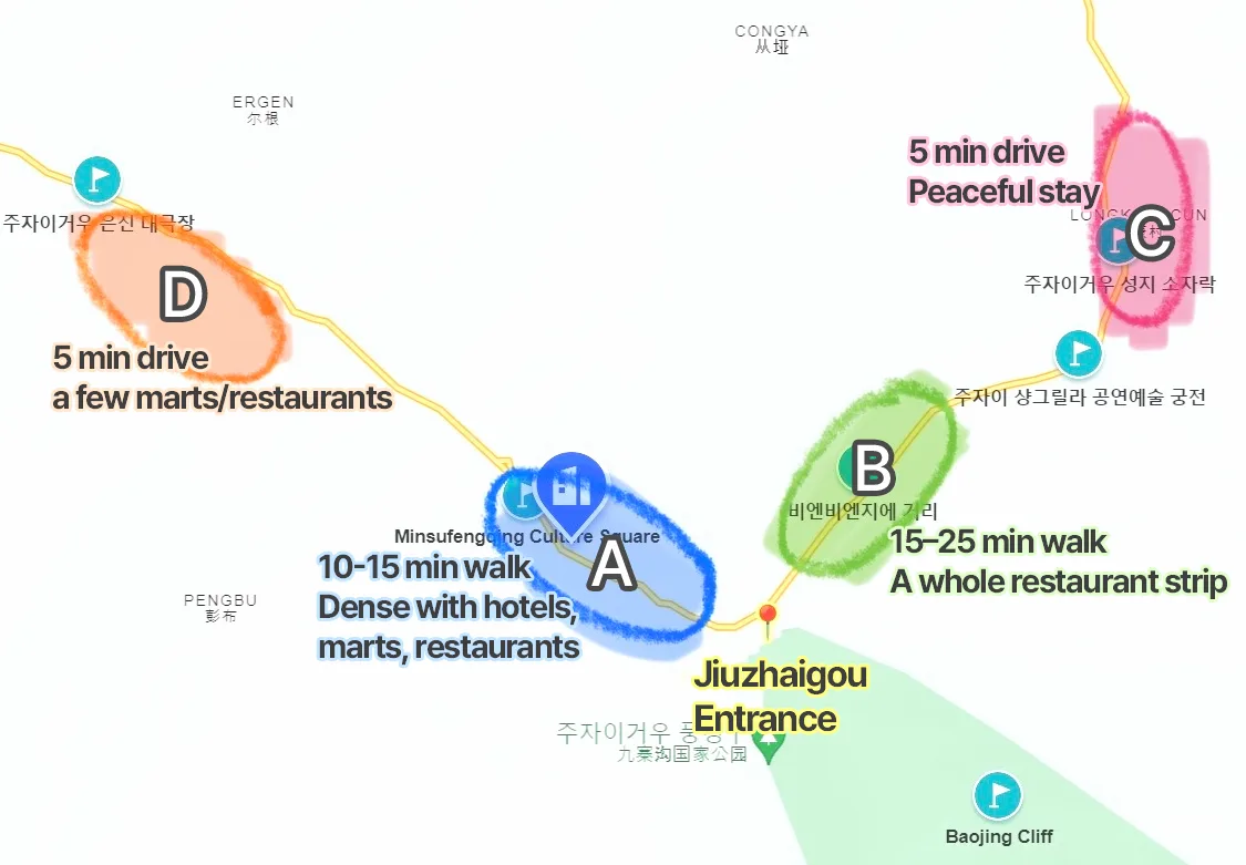 Map of Jiuzhaigou hotel zones A, B, C, and D near the park entrance