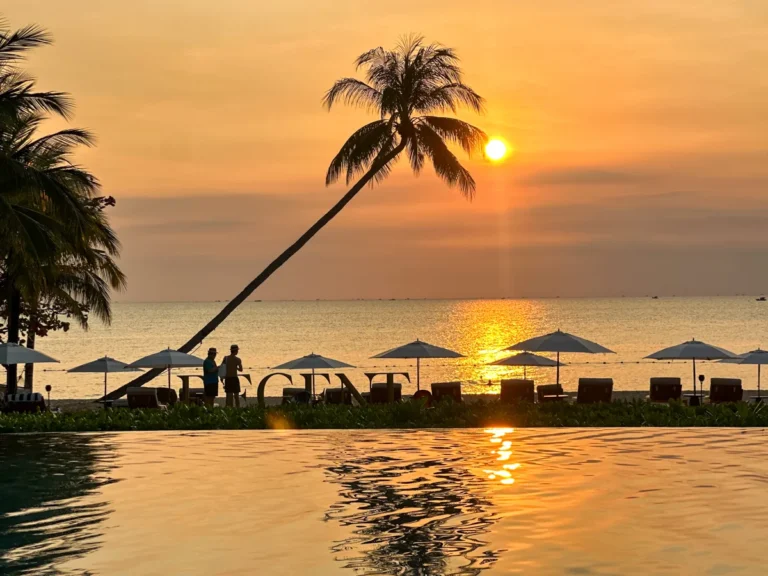 REGENT beach sign silhouetted against a golden sunset with a leaning palm tree