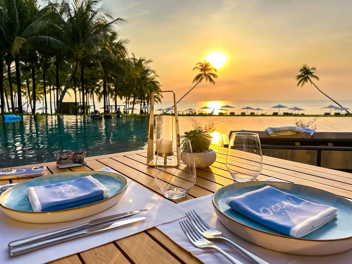 Ocean Club table setting at sunset, Regent Phu Quoc