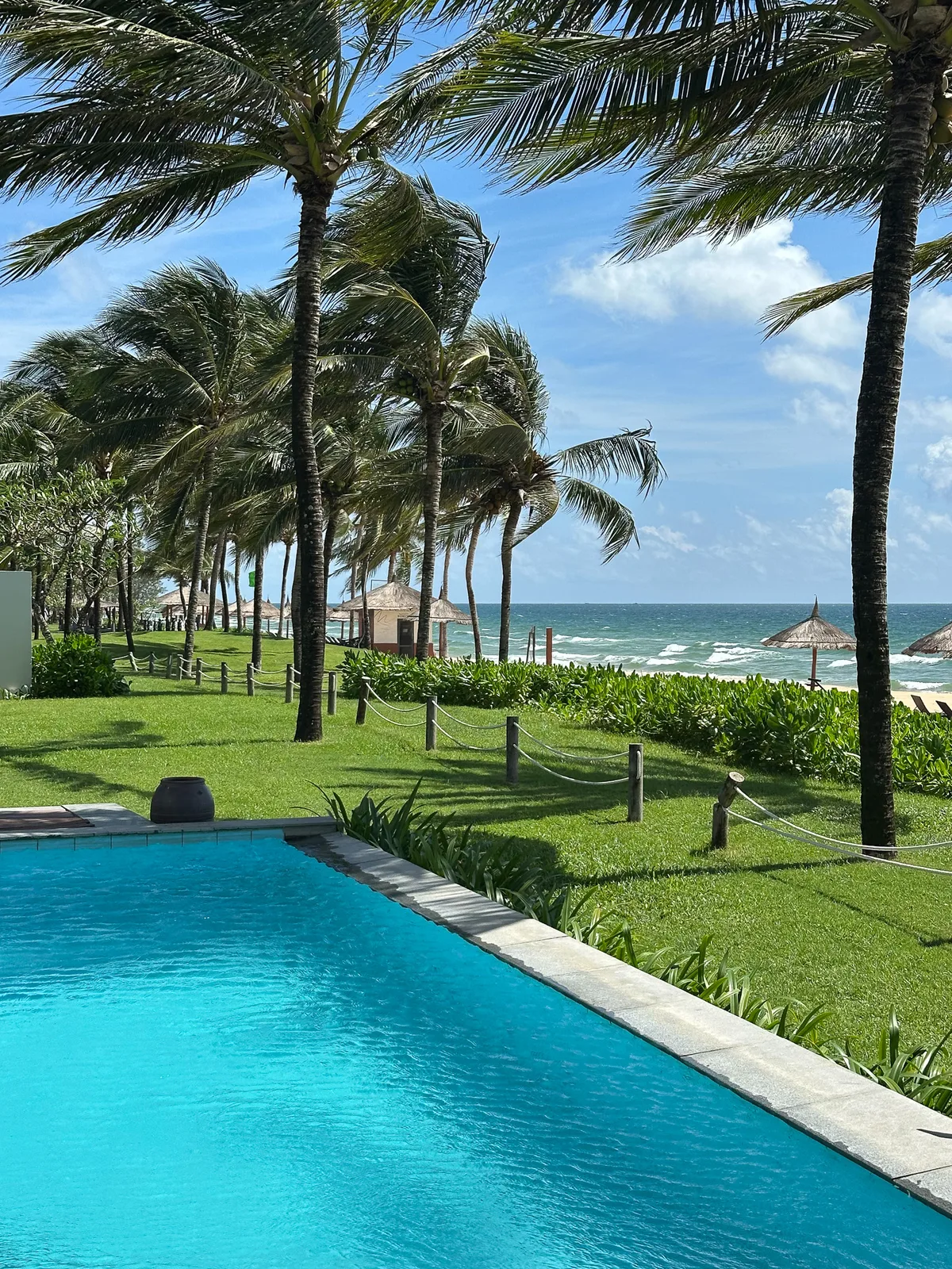 Private pool lined with palm trees leading to the beach at a Sheraton Phu Quoc pool villa