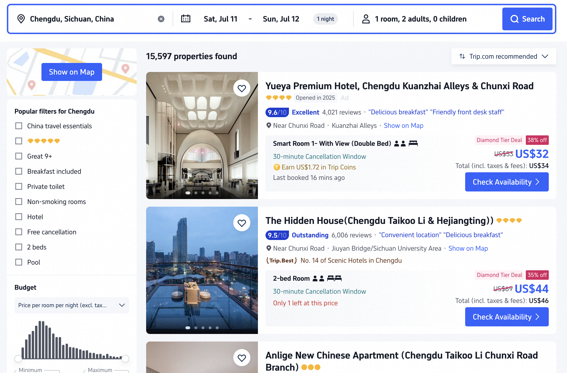 Trip.com hotel search screen for Chengdu
