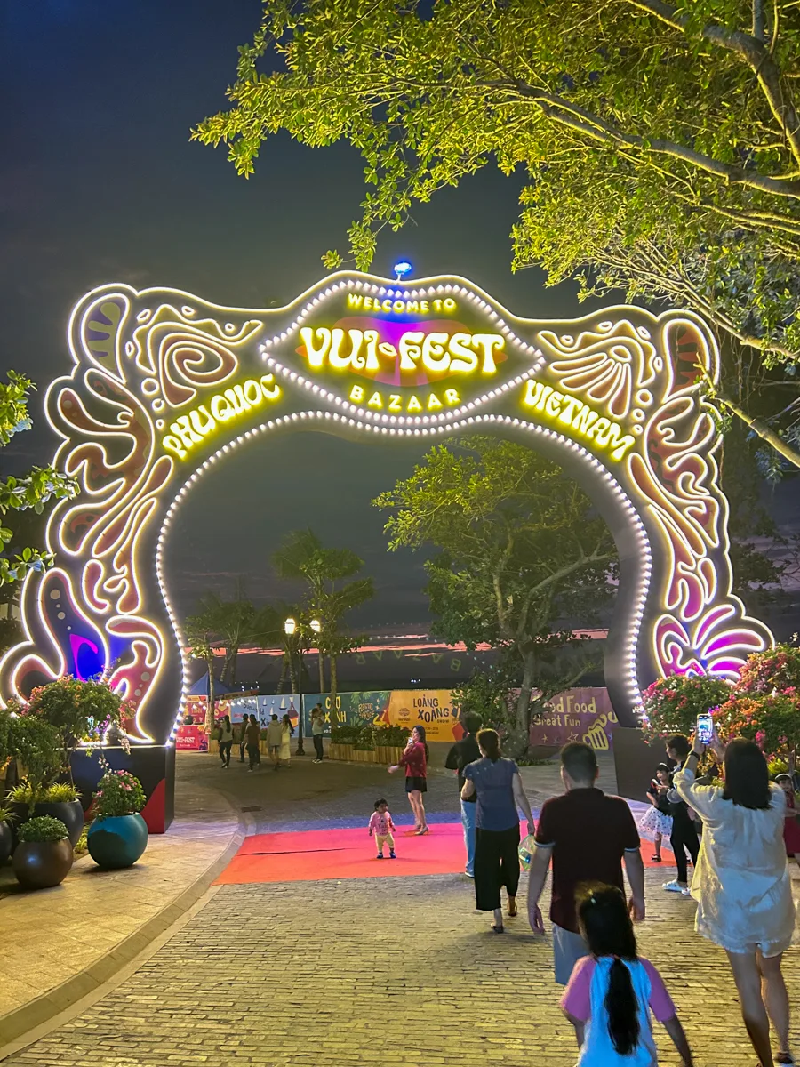 Illuminated entrance arch of the Vui Fest Bazaar night market in Sunset Town, Phu Quoc