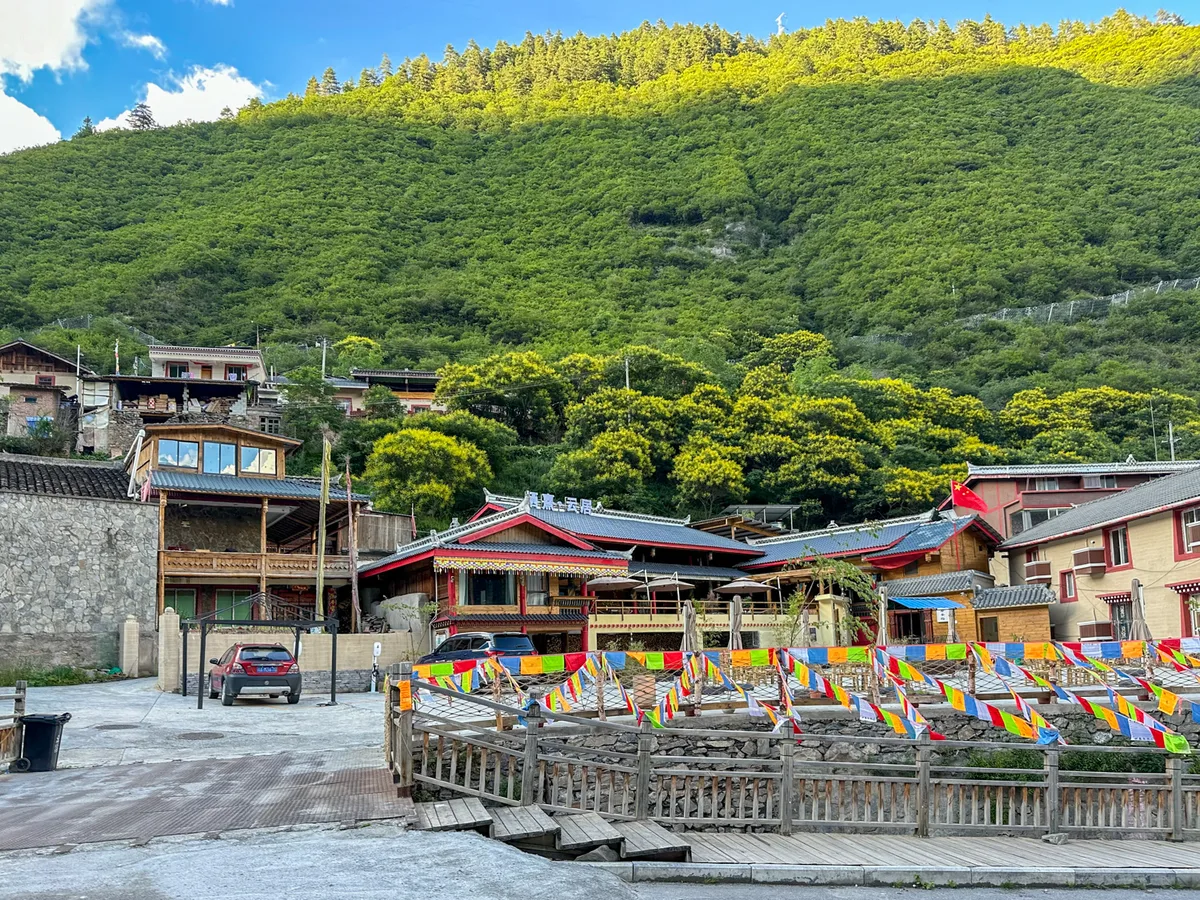Yazha Village, a traditional Tibetan village near Jiuzhaigou, with prayer flags